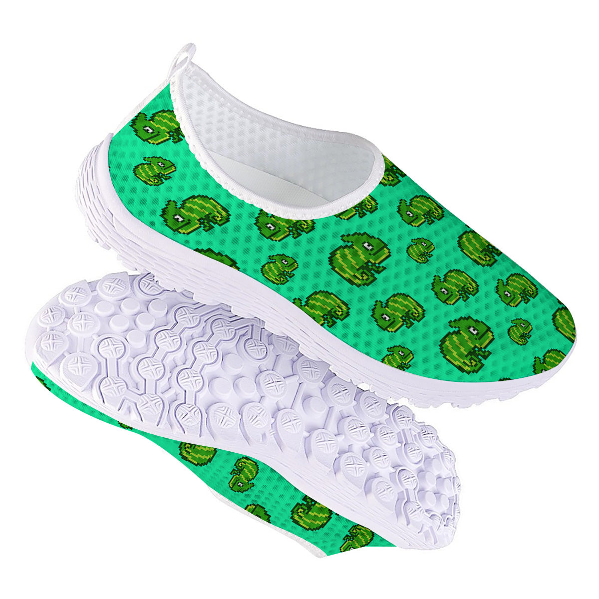 8 Bit Pixel Green Chameleons Print Pattern Nurse Shoes-grizzshop