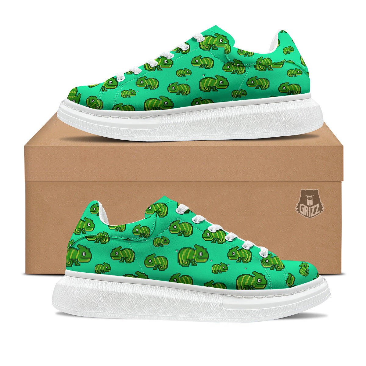 8 Bit Pixel Green Chameleons Print Pattern Platform Shoes-grizzshop