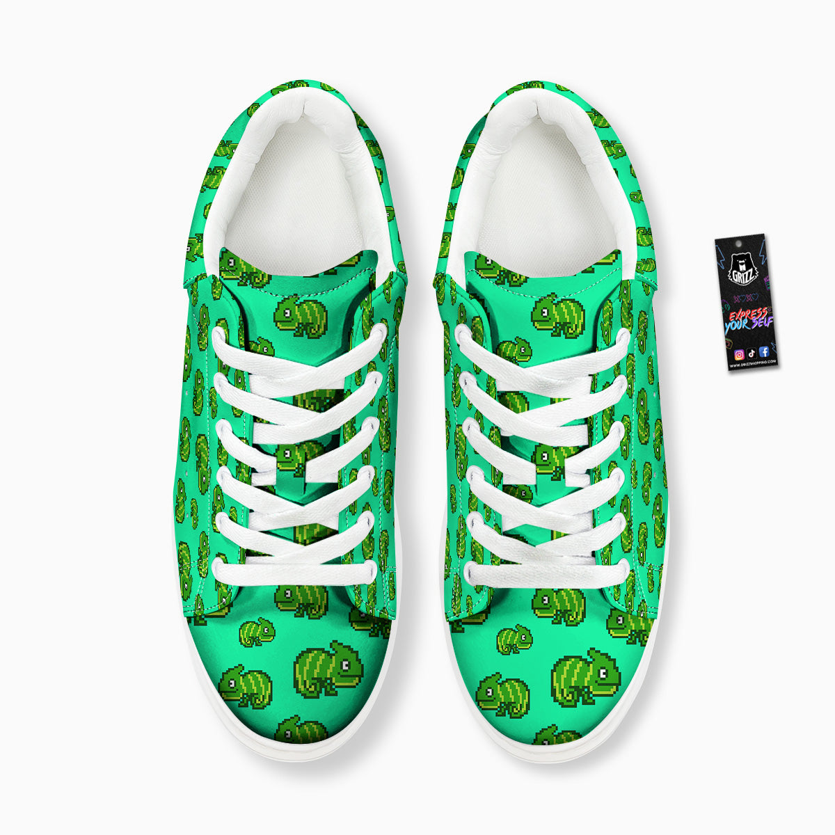 8 Bit Pixel Green Chameleons Print Pattern Platform Shoes-grizzshop