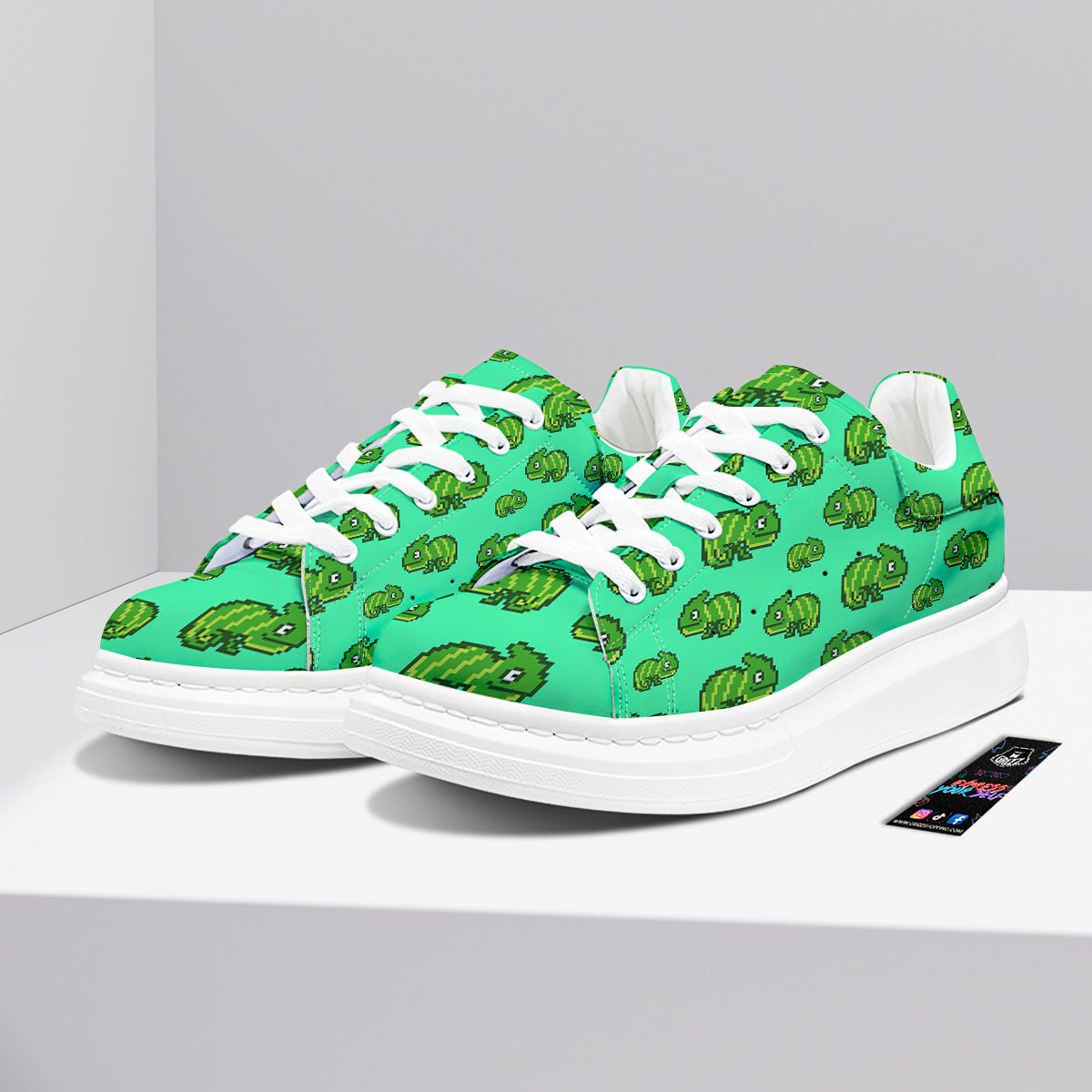 8 Bit Pixel Green Chameleons Print Pattern Platform Shoes-grizzshop