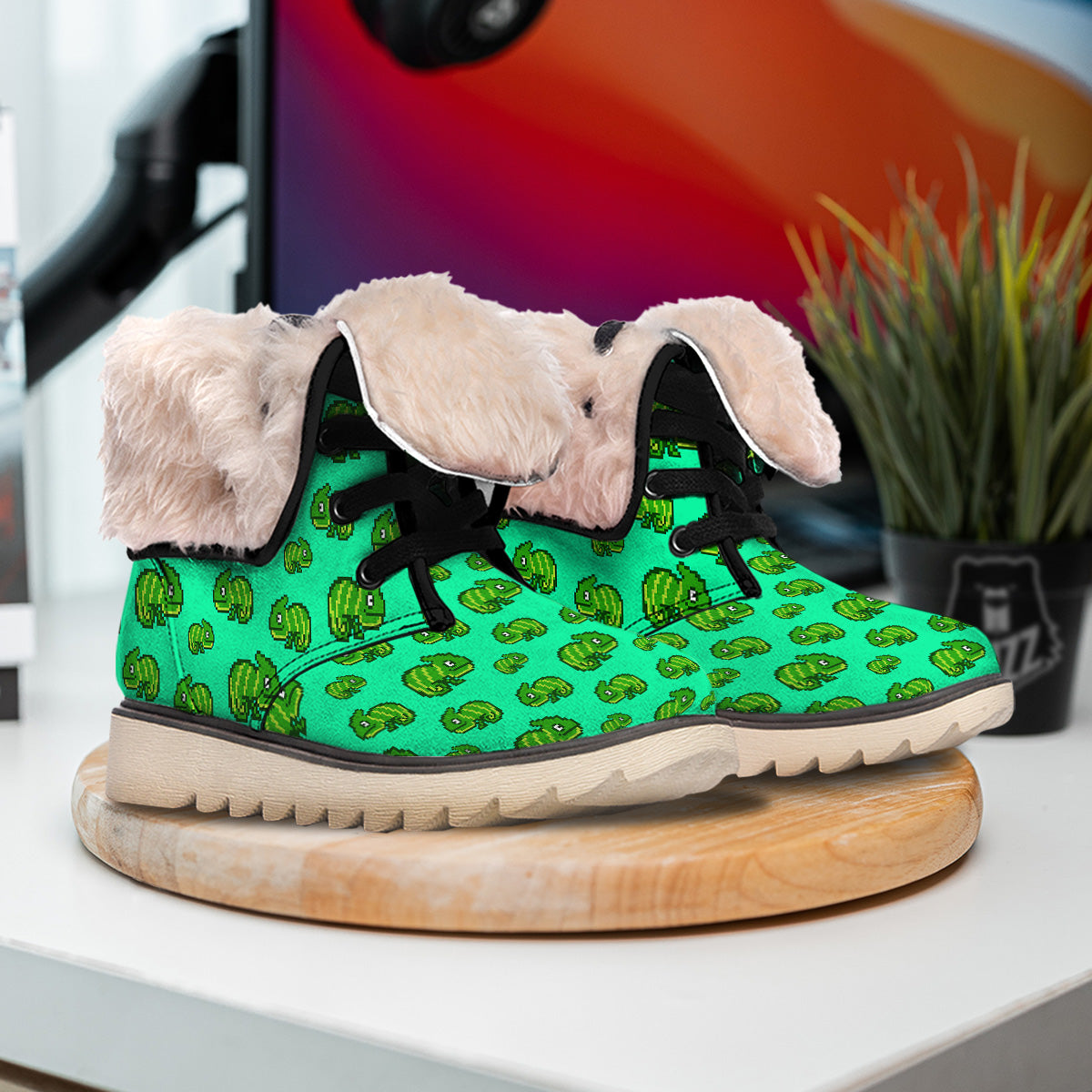8 Bit Pixel Green Chameleons Print Pattern Snow Boots-grizzshop
