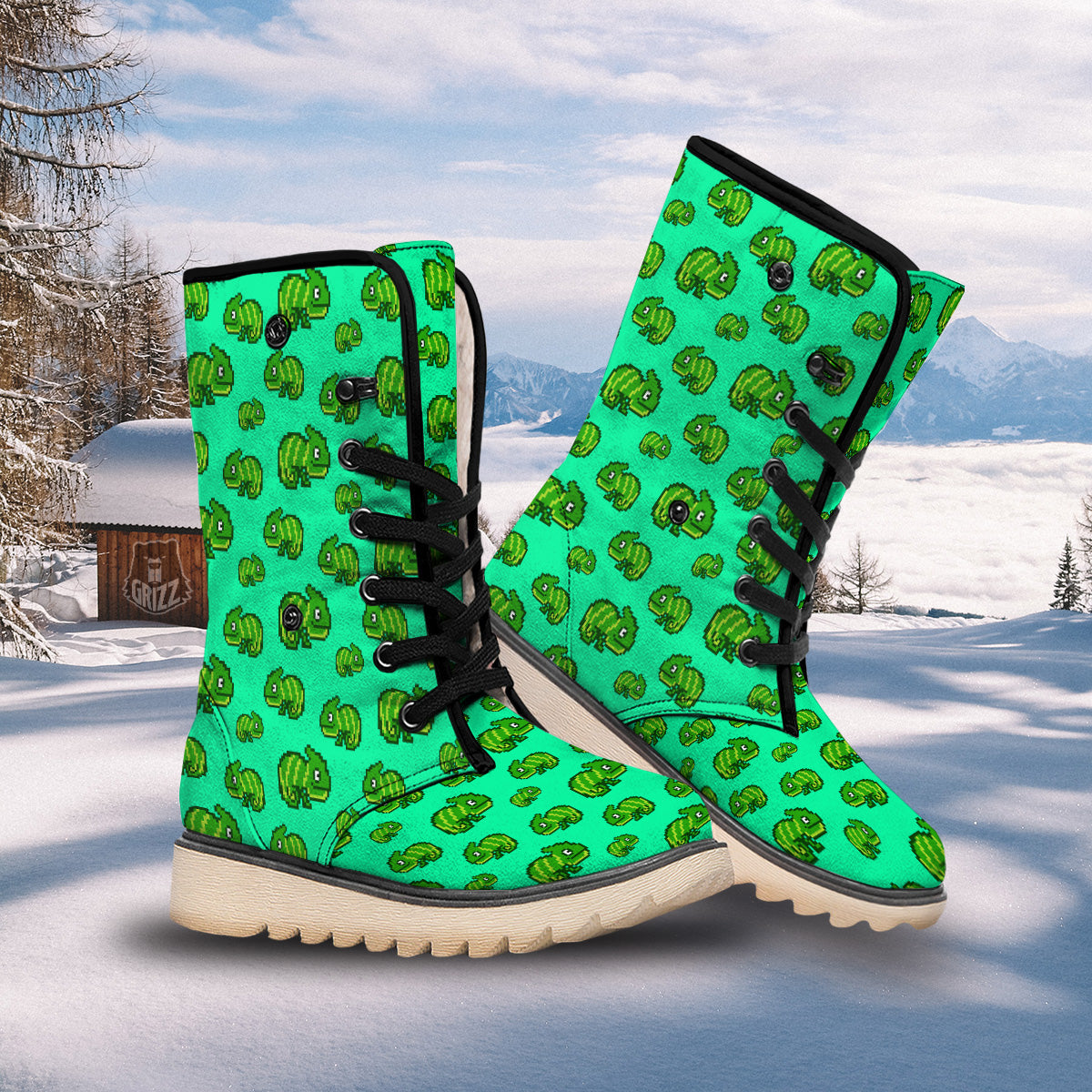8 Bit Pixel Green Chameleons Print Pattern Snow Boots-grizzshop