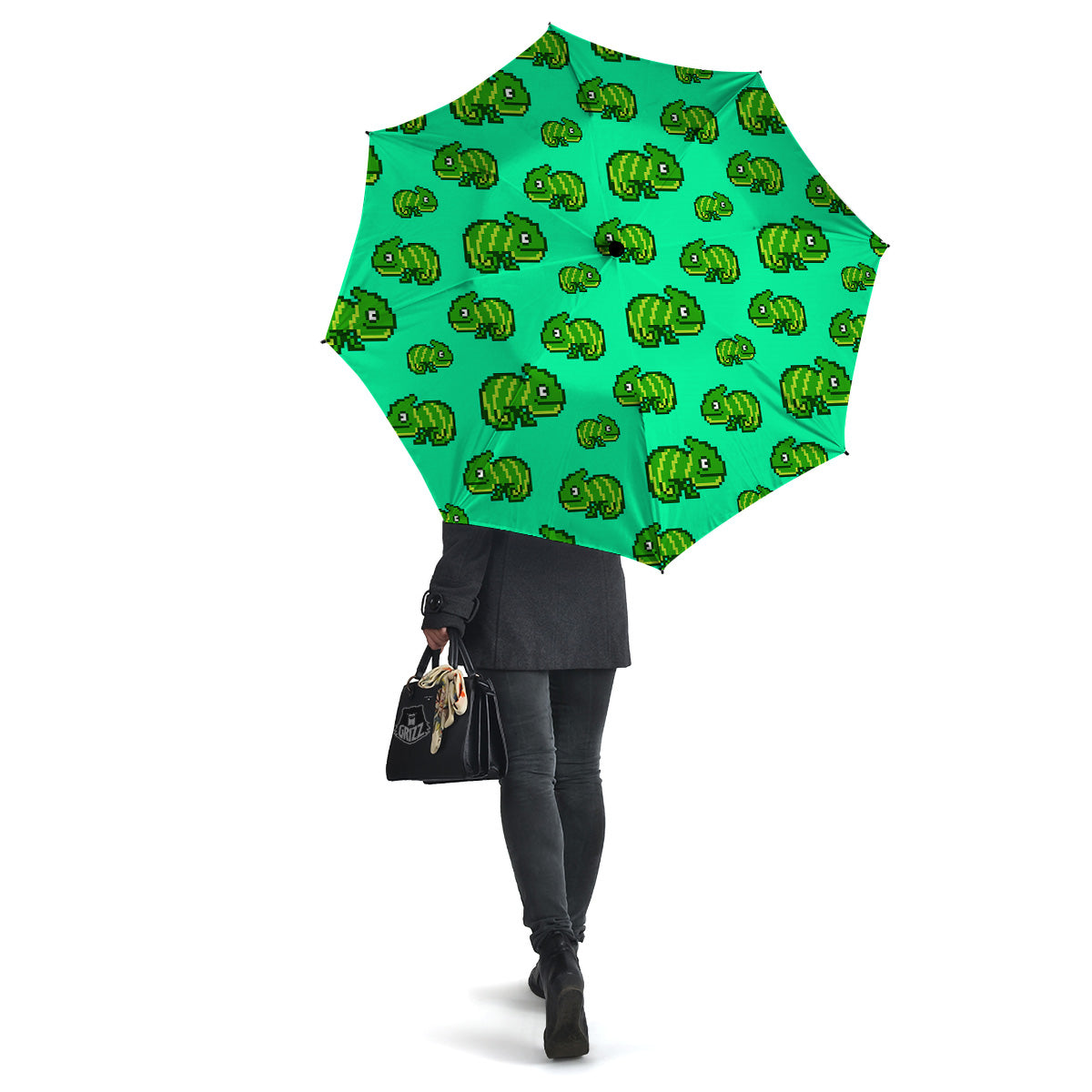 8 Bit Pixel Green Chameleons Print Pattern Umbrella-grizzshop