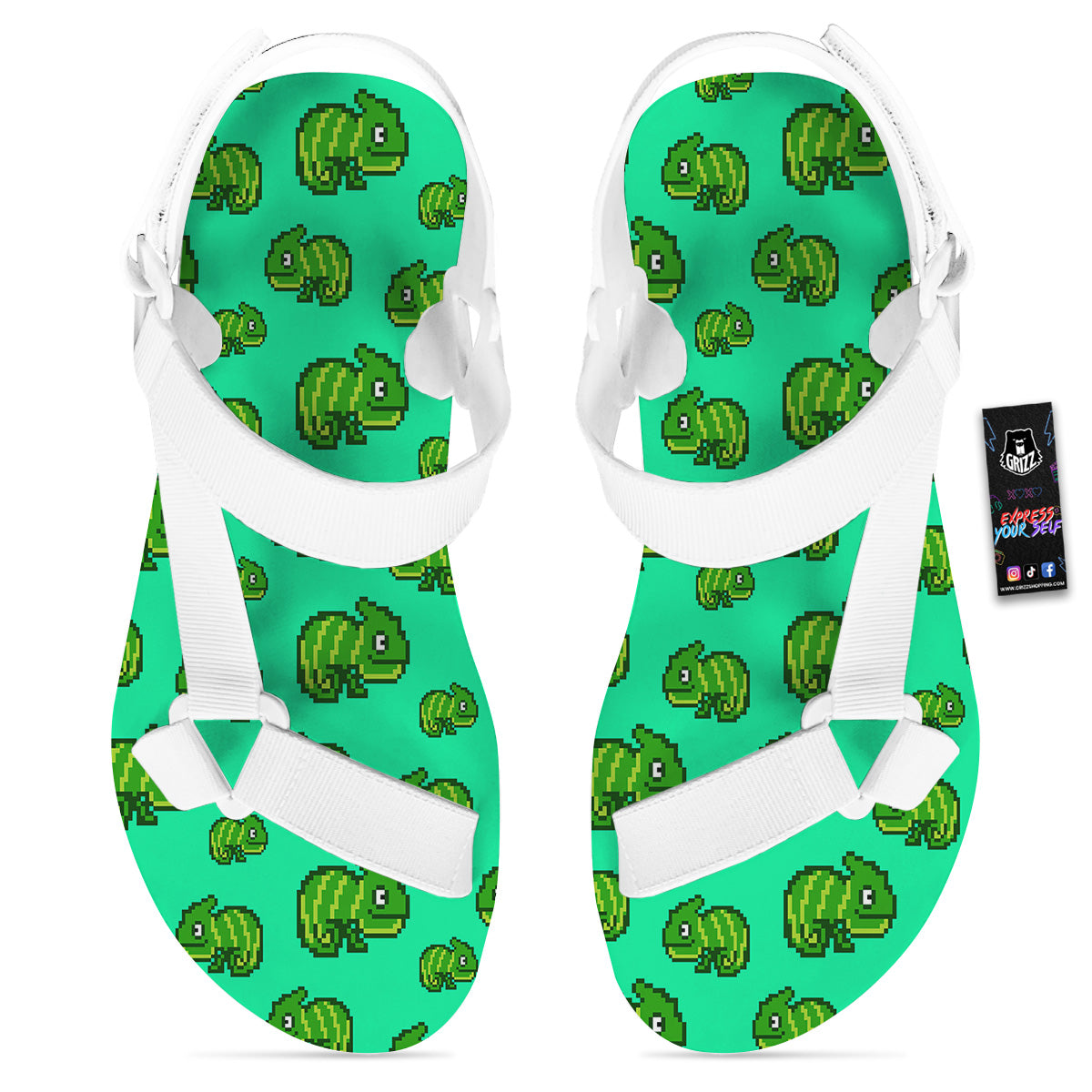 8 Bit Pixel Green Chameleons Print Pattern White Open Toe Sandals-grizzshop