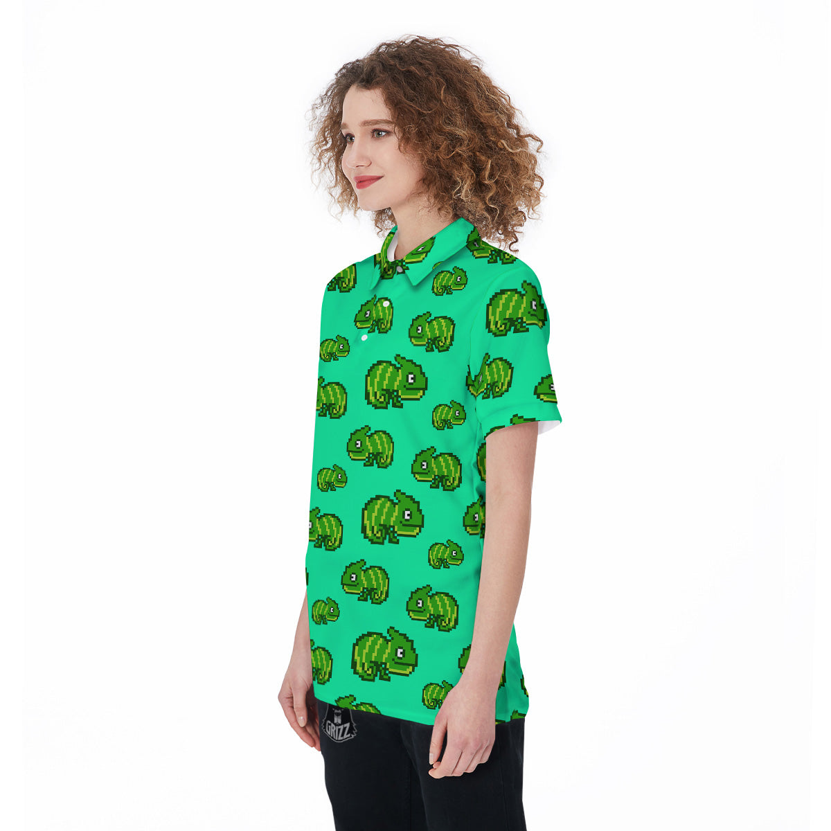 8 Bit Pixel Green Chameleons Print Pattern Women's Golf Shirts-grizzshop