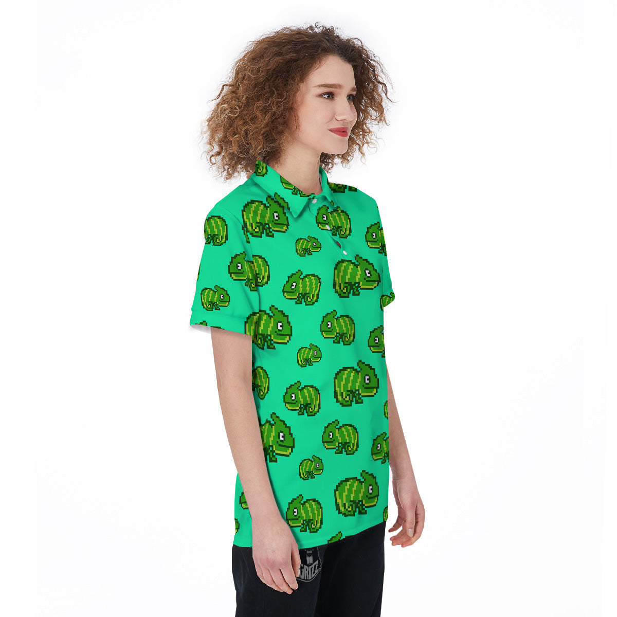 8 Bit Pixel Green Chameleons Print Pattern Women's Golf Shirts-grizzshop