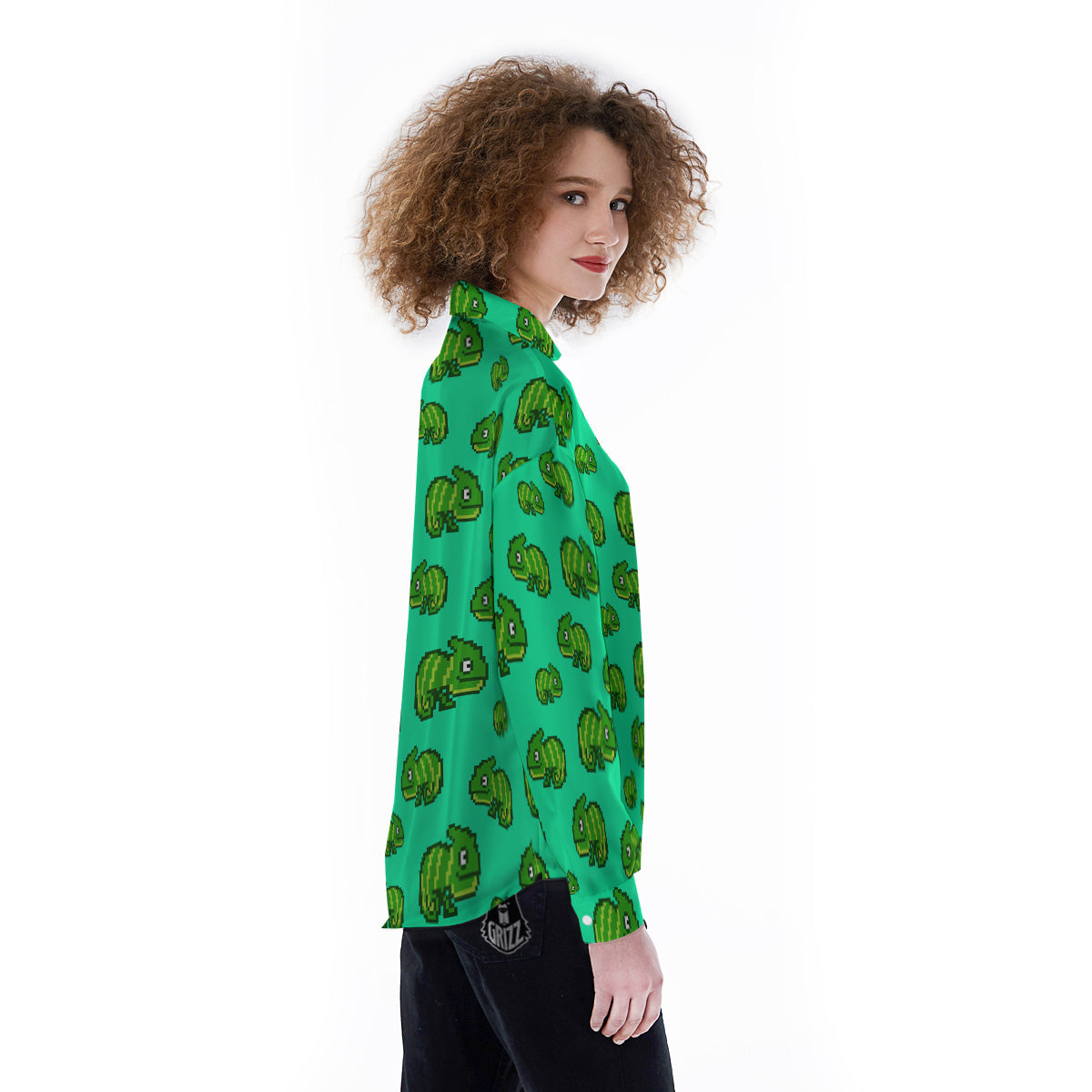 8 Bit Pixel Green Chameleons Print Pattern Women's Long Sleeve Shirts-grizzshop