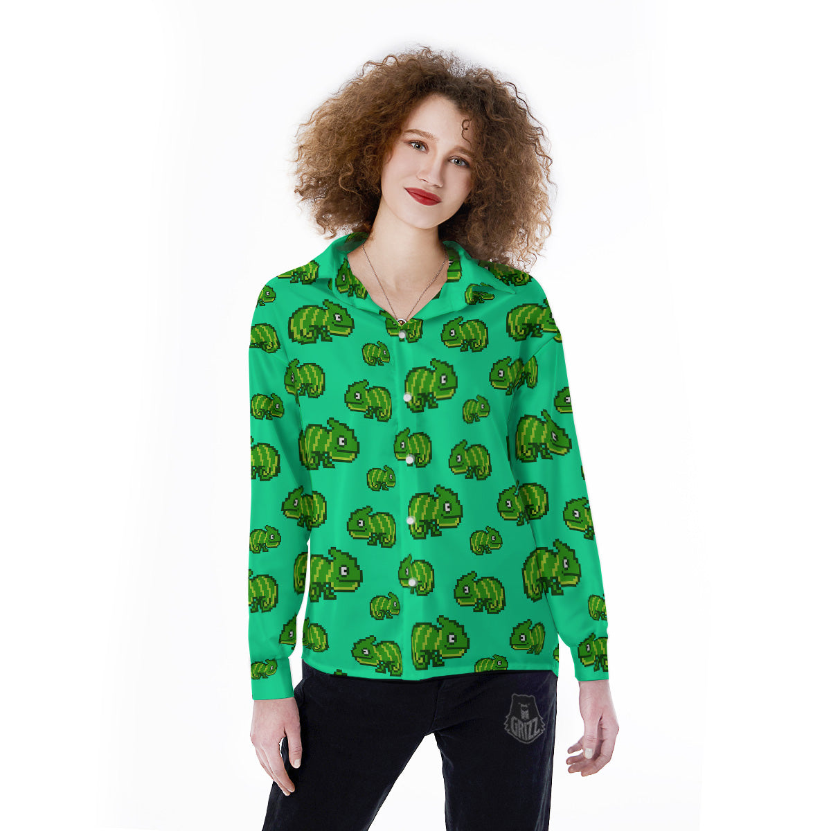 8 Bit Pixel Green Chameleons Print Pattern Women's Long Sleeve Shirts-grizzshop