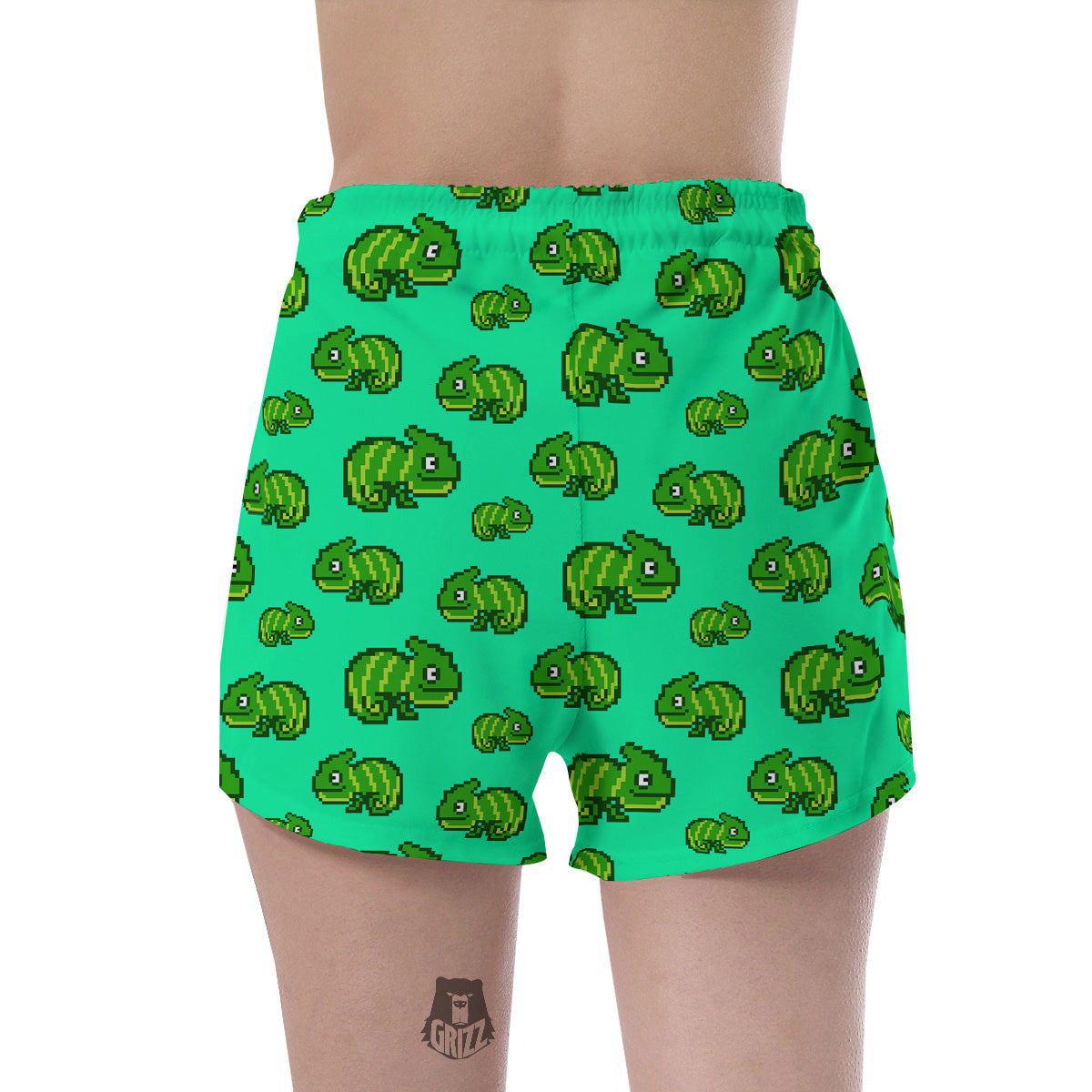 8 Bit Pixel Green Chameleons Print Pattern Women's Shorts-grizzshop