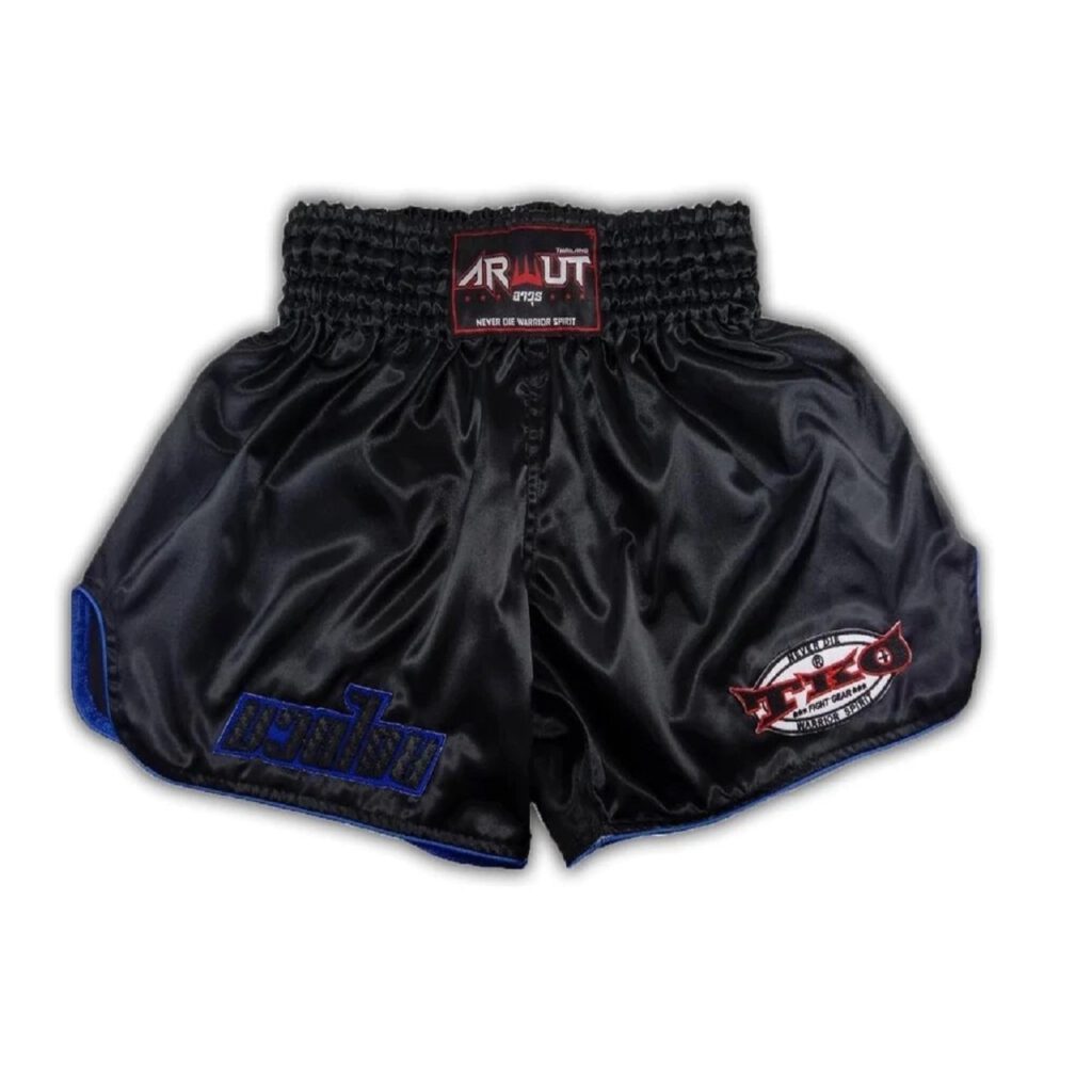 ARWUT CLASSIC BLACK MUAY THAI SHORTS BS4 BLUE TRIMS-grizzshop