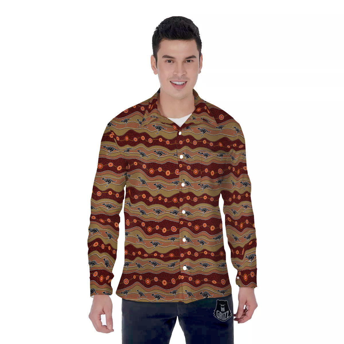Aboriginal Australian Kangaroo Print Men's Long Sleeve Shirts-grizzshop