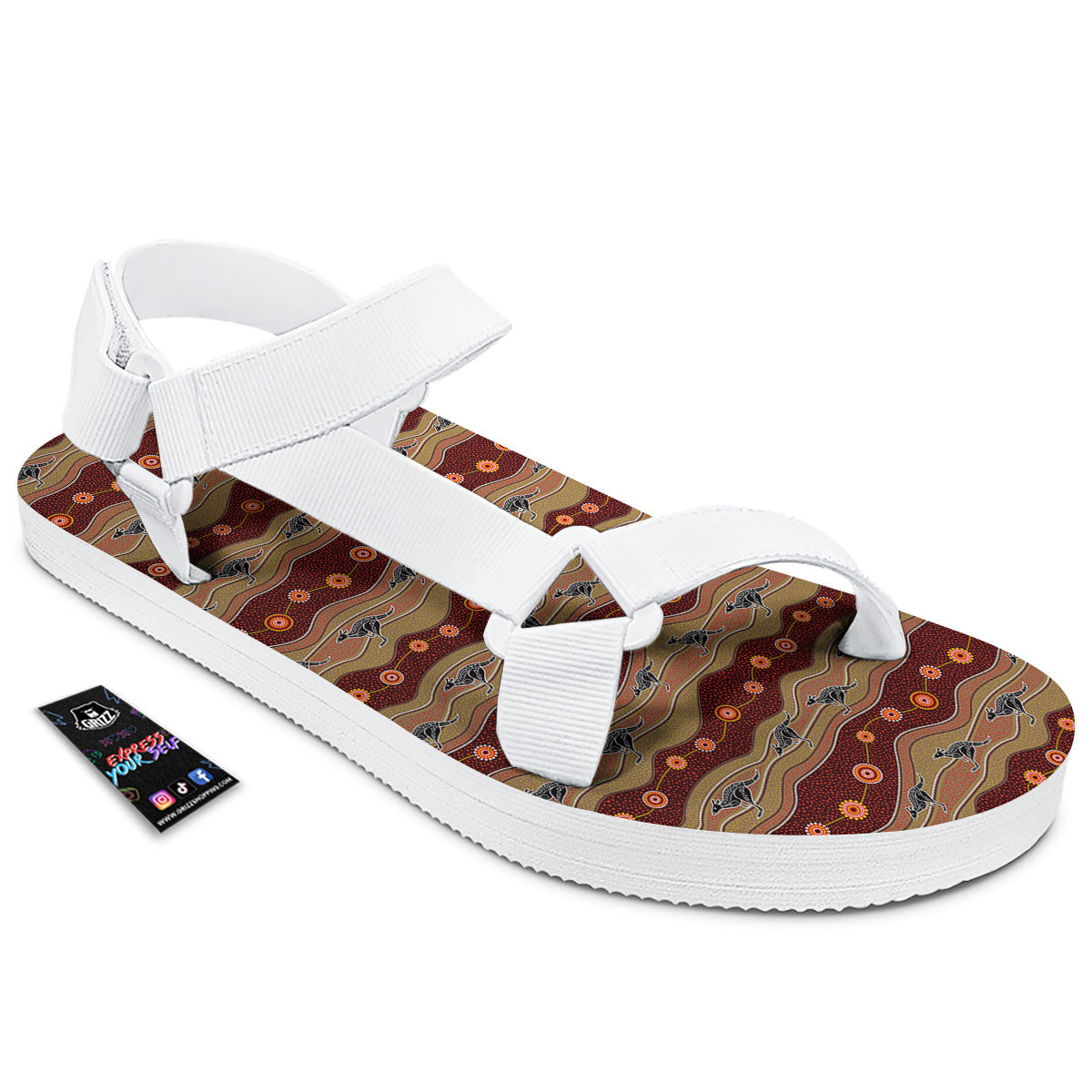 Aboriginal Australian Kangaroo Print White Open Toe Sandals-grizzshop