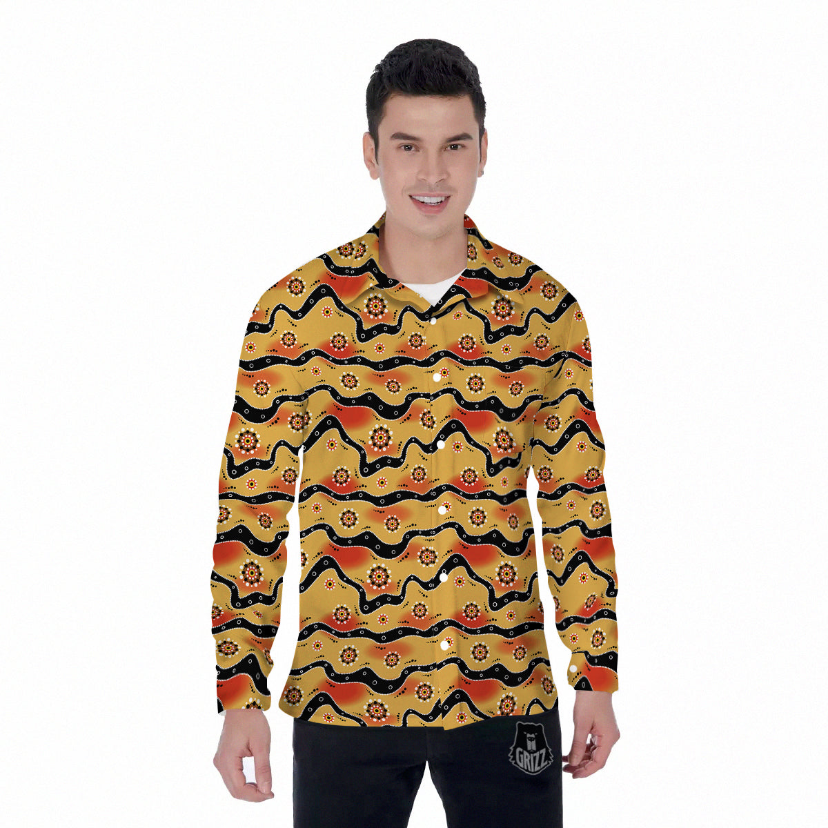Aboriginal Australian Print Pattern Men's Long Sleeve Shirts-grizzshop