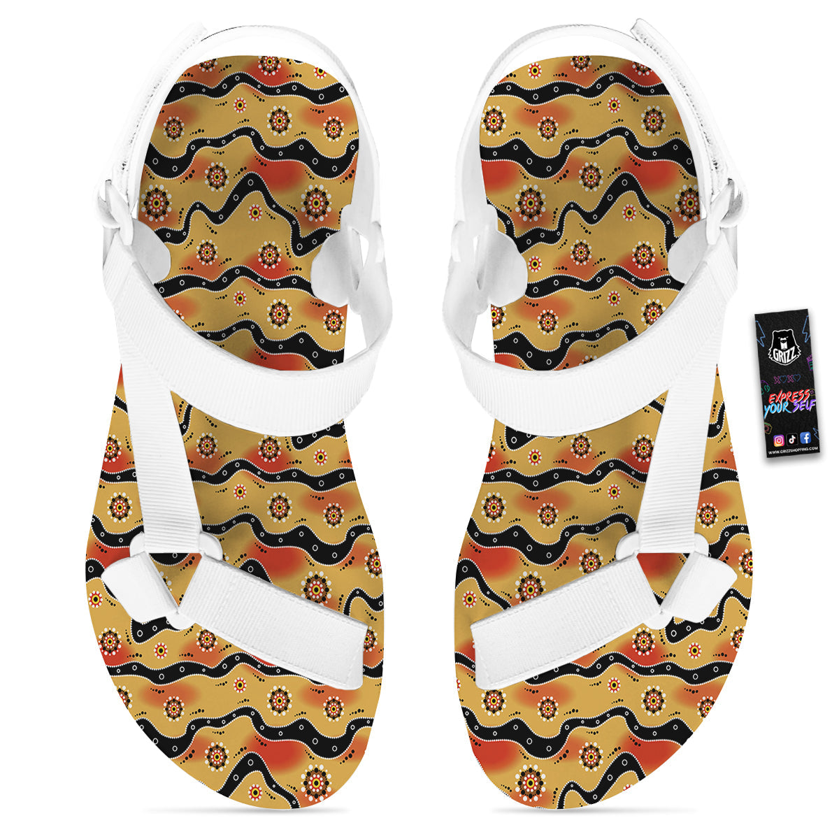 Aboriginal Australian Print Pattern White Open Toe Sandals-grizzshop