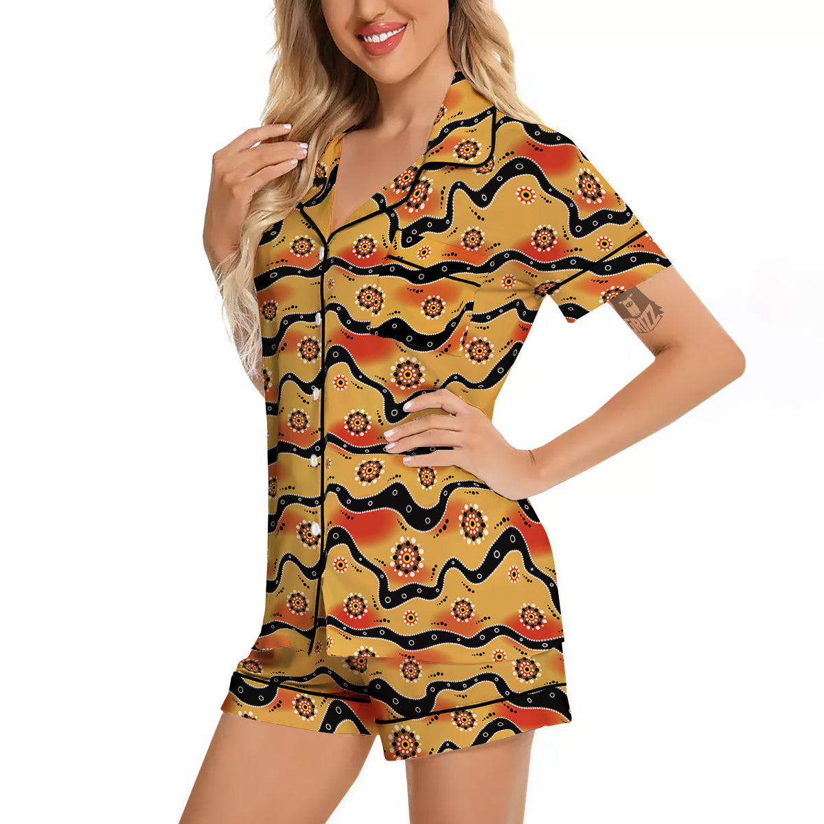 Aboriginal Australian Print Pattern Women Silk Pajamas-grizzshop