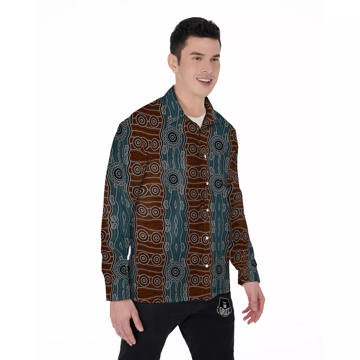 Aboriginal Dot Australia River Print Men's Long Sleeve Shirts-grizzshop