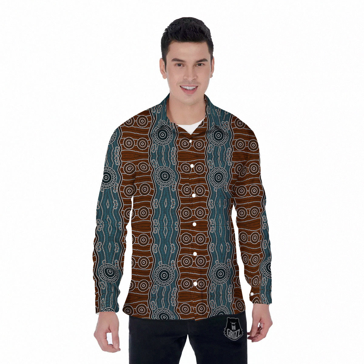 Aboriginal Dot Australia River Print Men's Long Sleeve Shirts-grizzshop