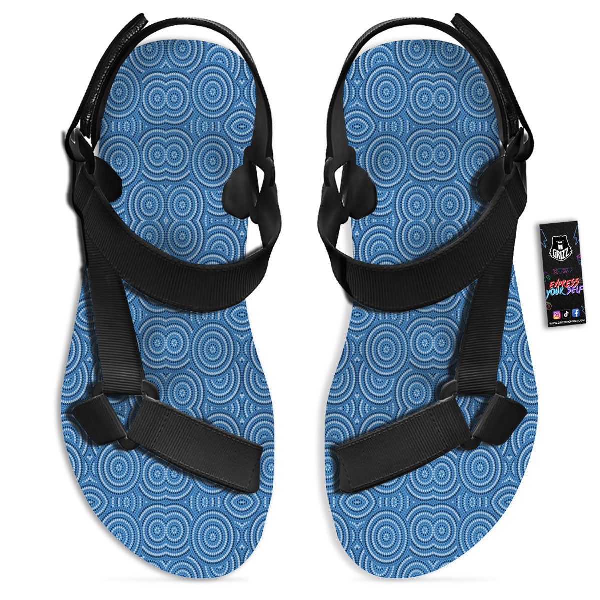 Aboriginal Dot Blue Print Pattern Black Open Toe Sandals-grizzshop