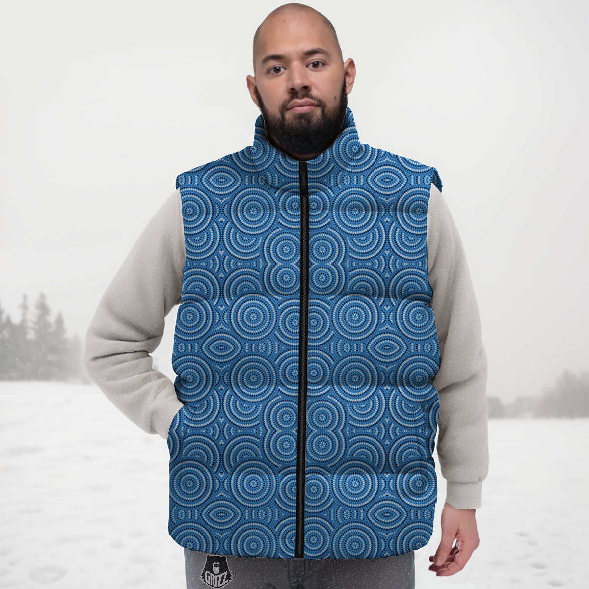 Aboriginal Dot Blue Print Pattern Down Vest-grizzshop