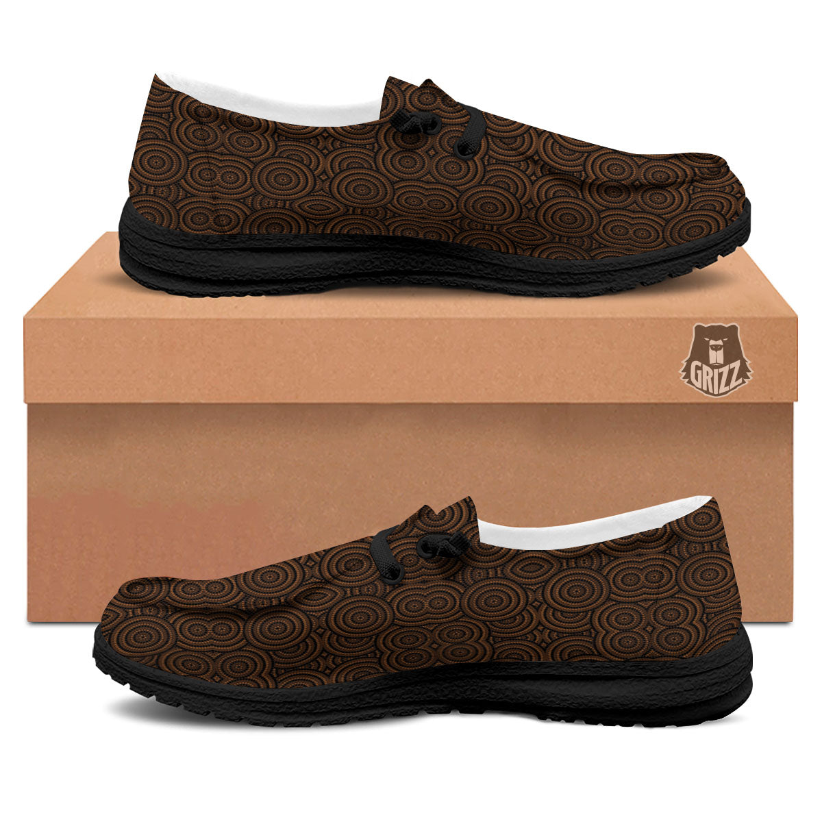 Aboriginal Dot Brown Print Pattern Black Loafers-grizzshop