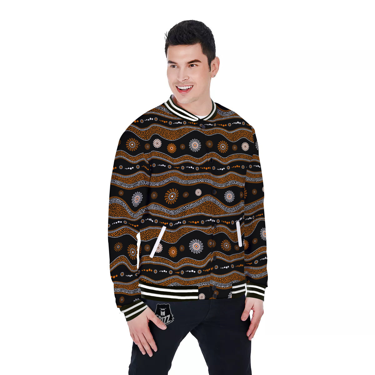 Aboriginal Orange And White Art Print Pattern Baseball Jacket-grizzshop