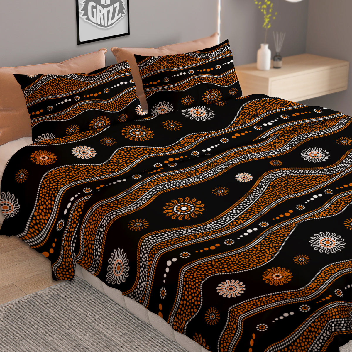 Aboriginal Orange And White Art Print Pattern Duvet Cover Bedding Set