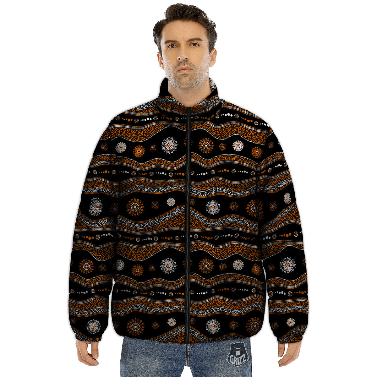 Aboriginal Orange And White Art Print Pattern Puffer Jacket-grizzshop