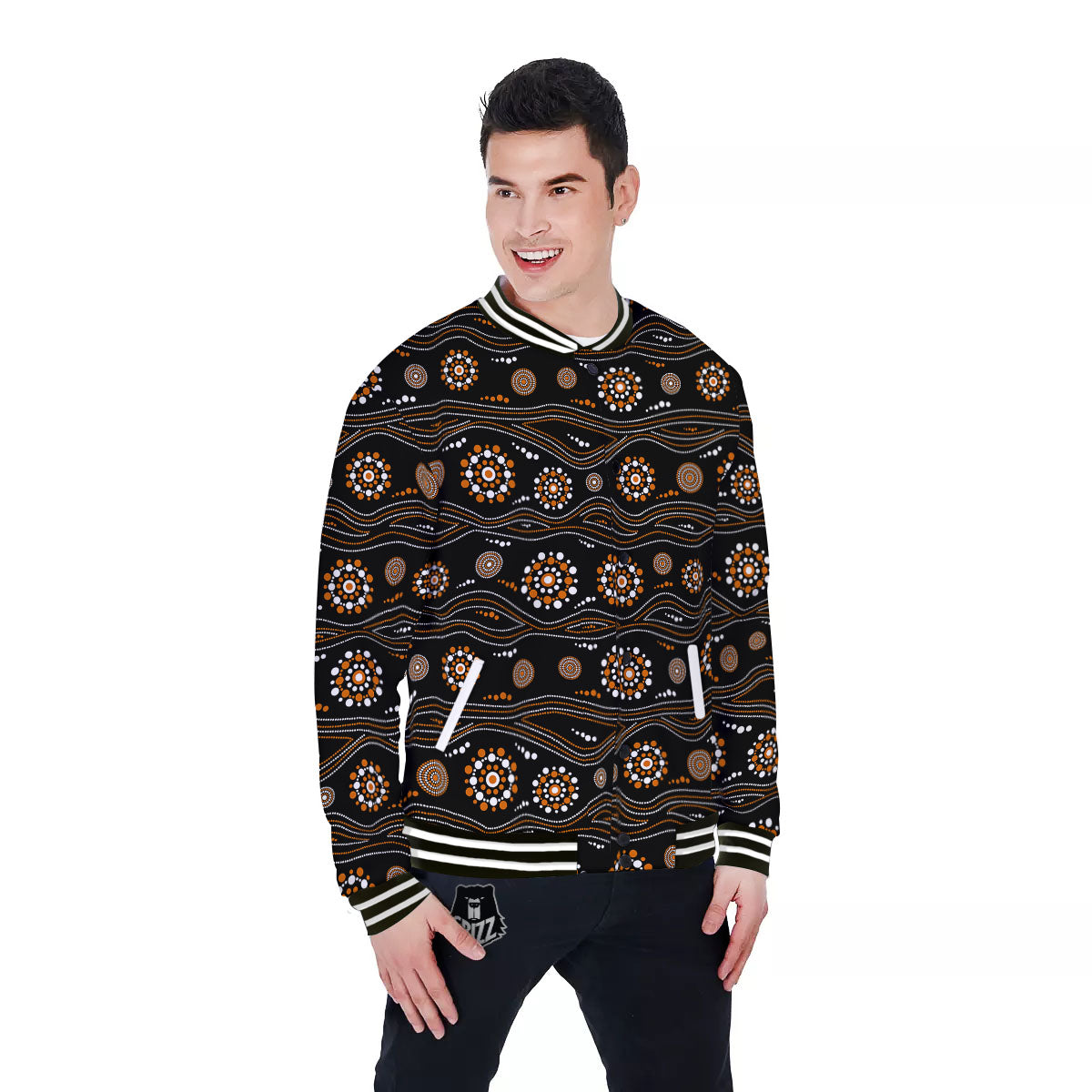 Aboriginal Orange And White Dot Print Pattern Baseball Jacket-grizzshop