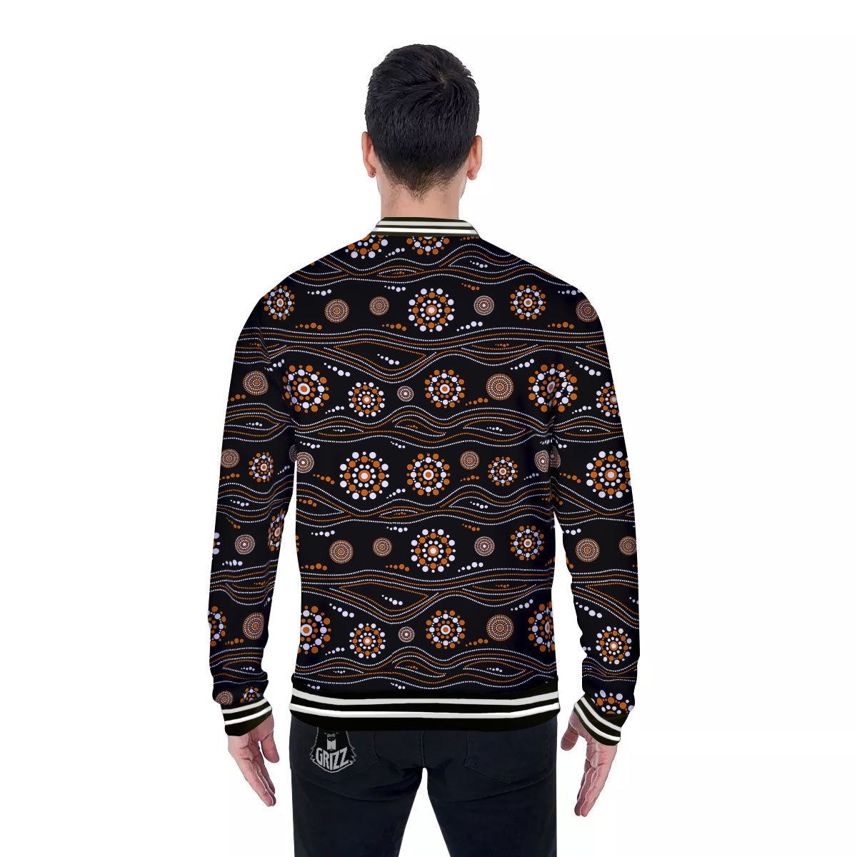 Aboriginal Orange And White Dot Print Pattern Baseball Jacket-grizzshop