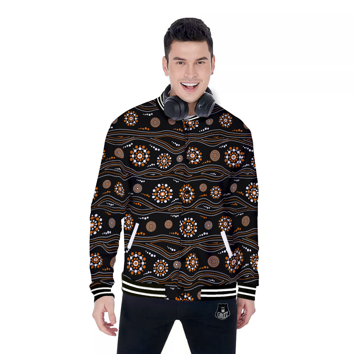 Aboriginal Orange And White Dot Print Pattern Baseball Jacket-grizzshop