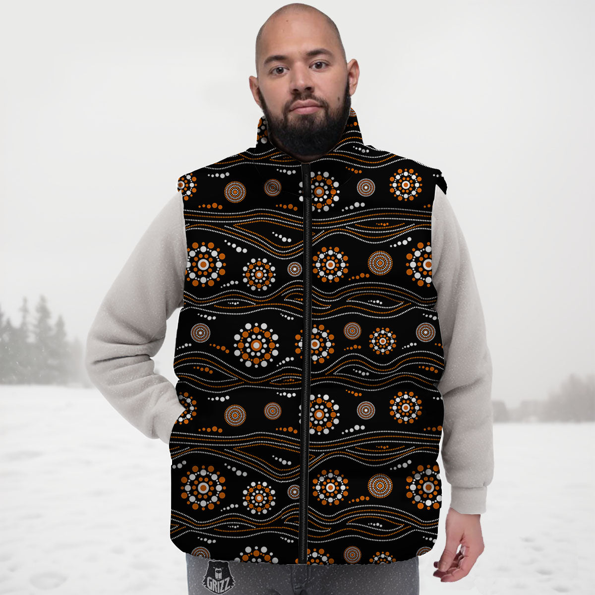 Aboriginal Orange And White Dot Print Pattern Down Vest