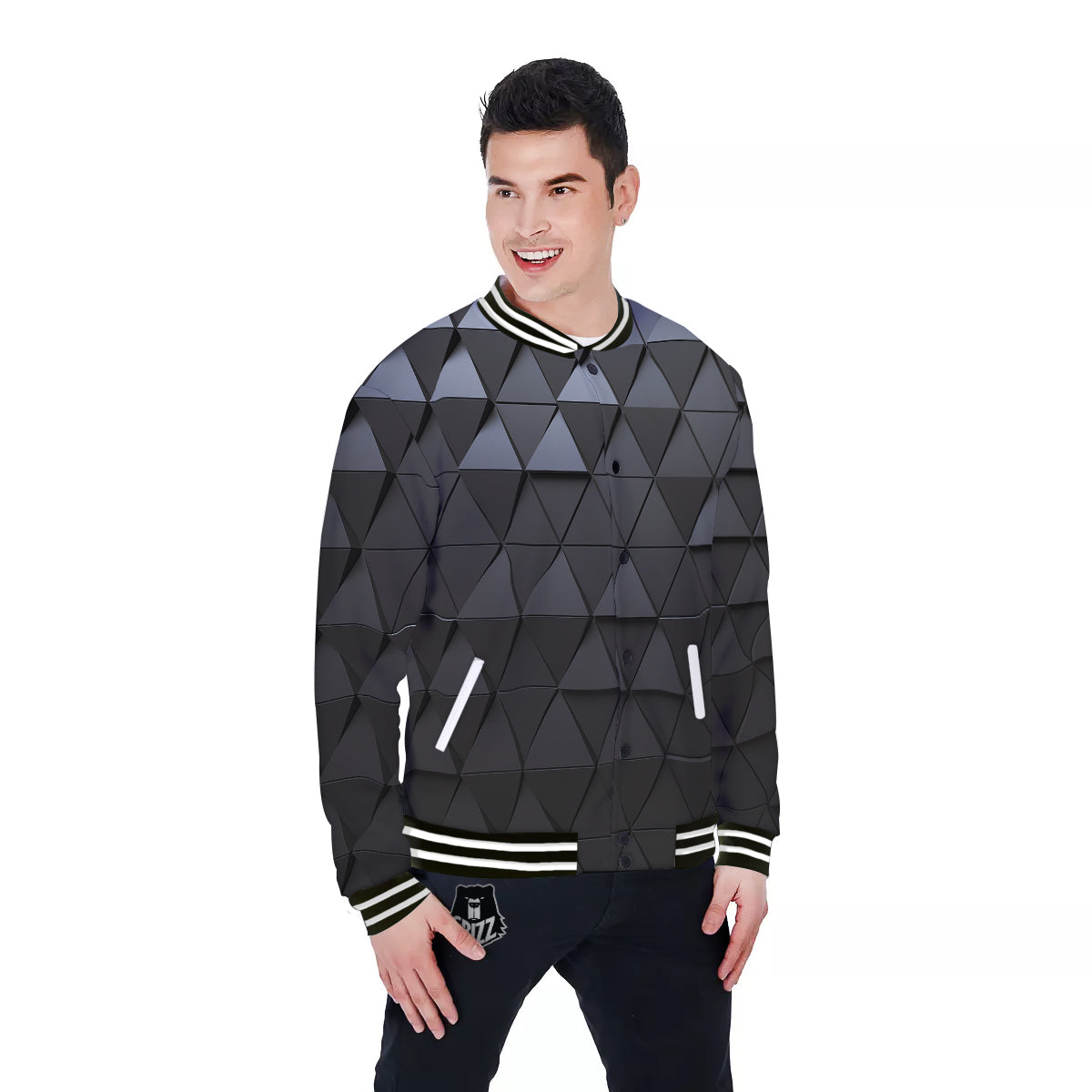 Abstract 3D Geometric Triangle Print Baseball Jacket-grizzshop