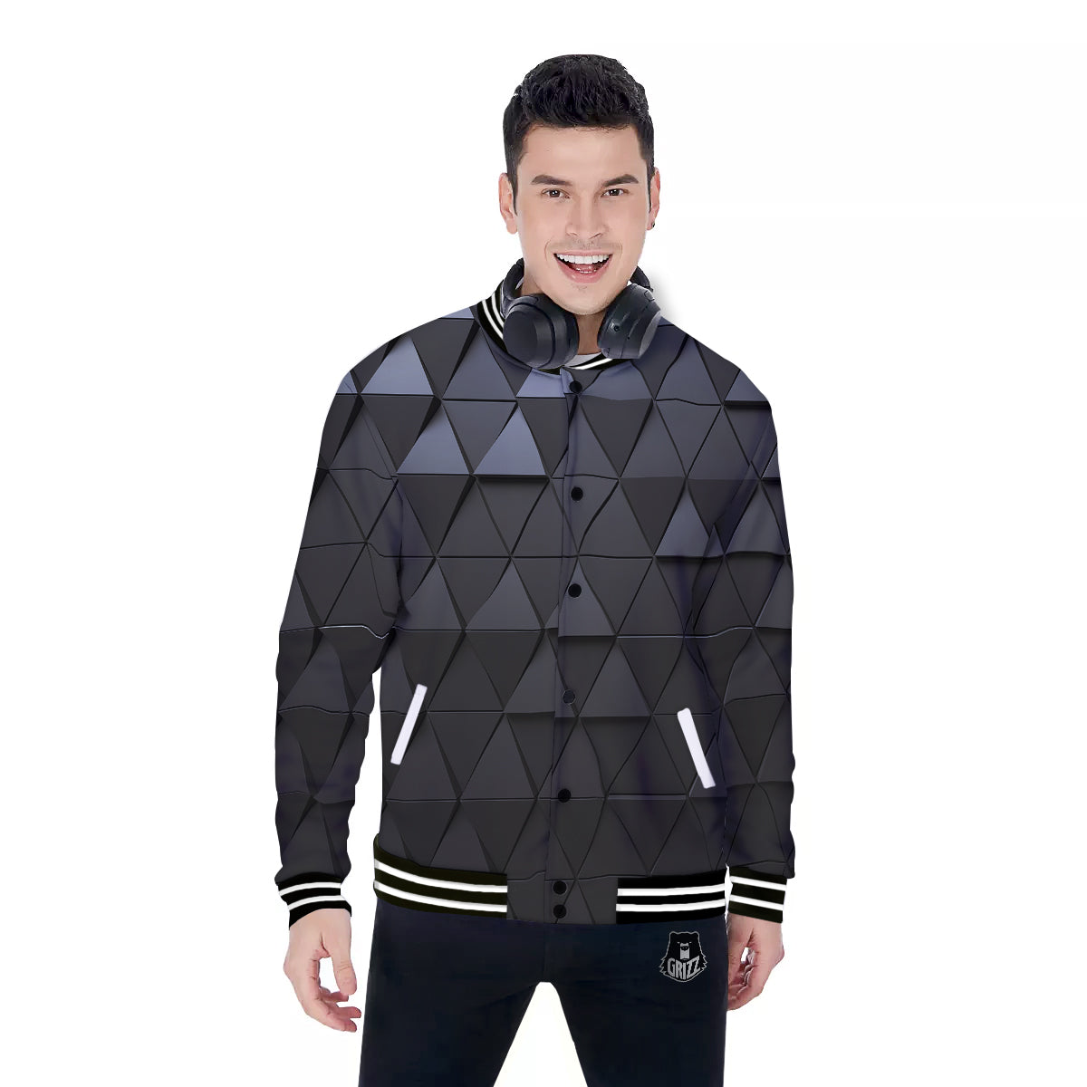 Abstract 3D Geometric Triangle Print Baseball Jacket-grizzshop