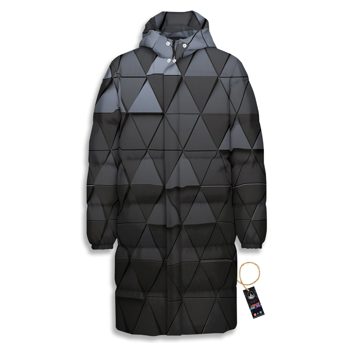 Abstract 3D Geometric Triangle Print Long Down Jacket-grizzshop