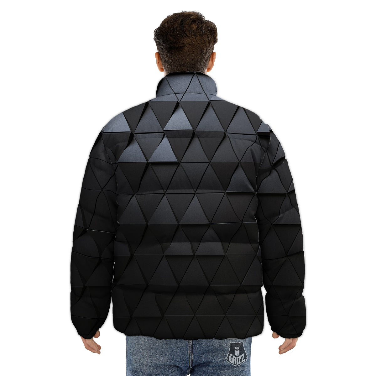 Abstract 3D Geometric Triangle Print Puffer Jacket-grizzshop