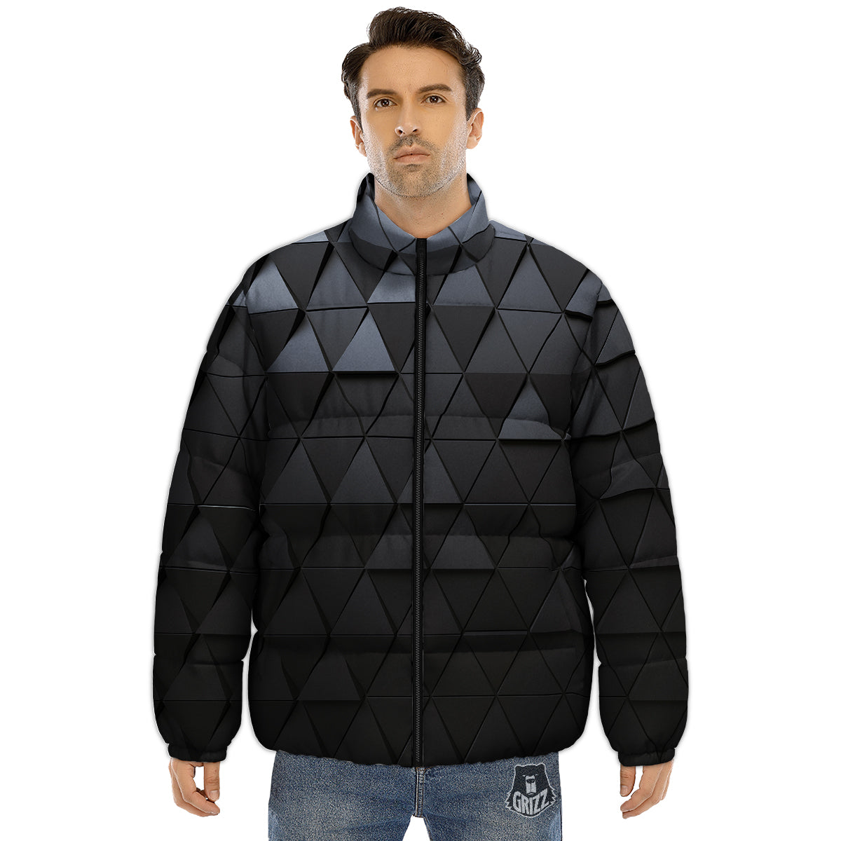 Abstract 3D Geometric Triangle Print Puffer Jacket-grizzshop