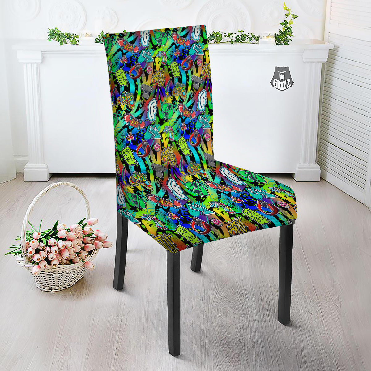 Abstract Alien Graffiti Text Print Pattern Dining Chair Slipcover-grizzshop