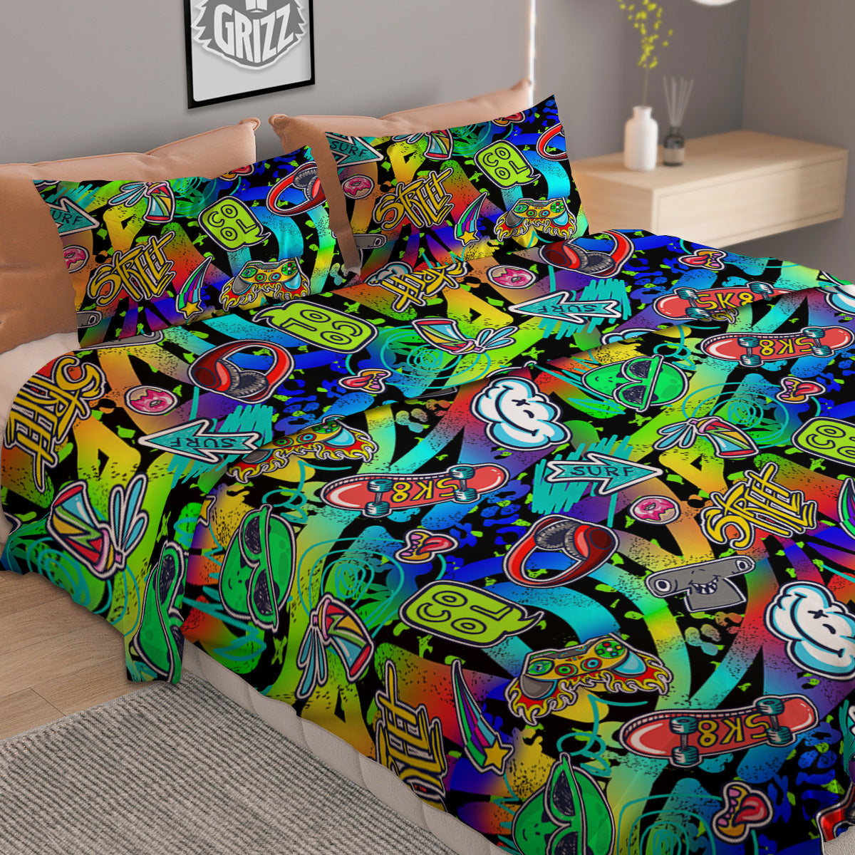 Abstract Alien Graffiti Text Print Pattern Duvet Cover Bedding Set