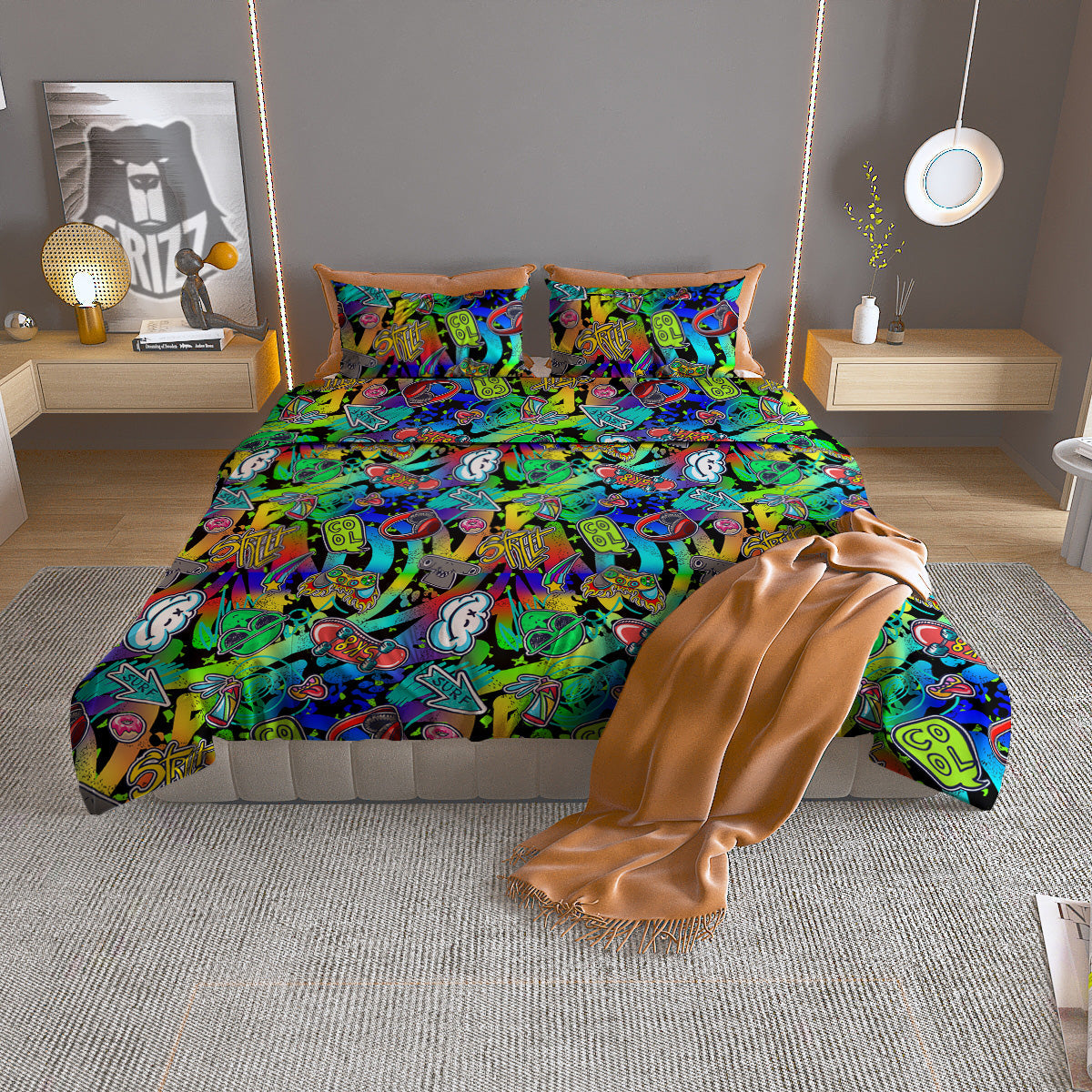 Abstract Alien Graffiti Text Print Pattern Duvet Cover Bedding Set