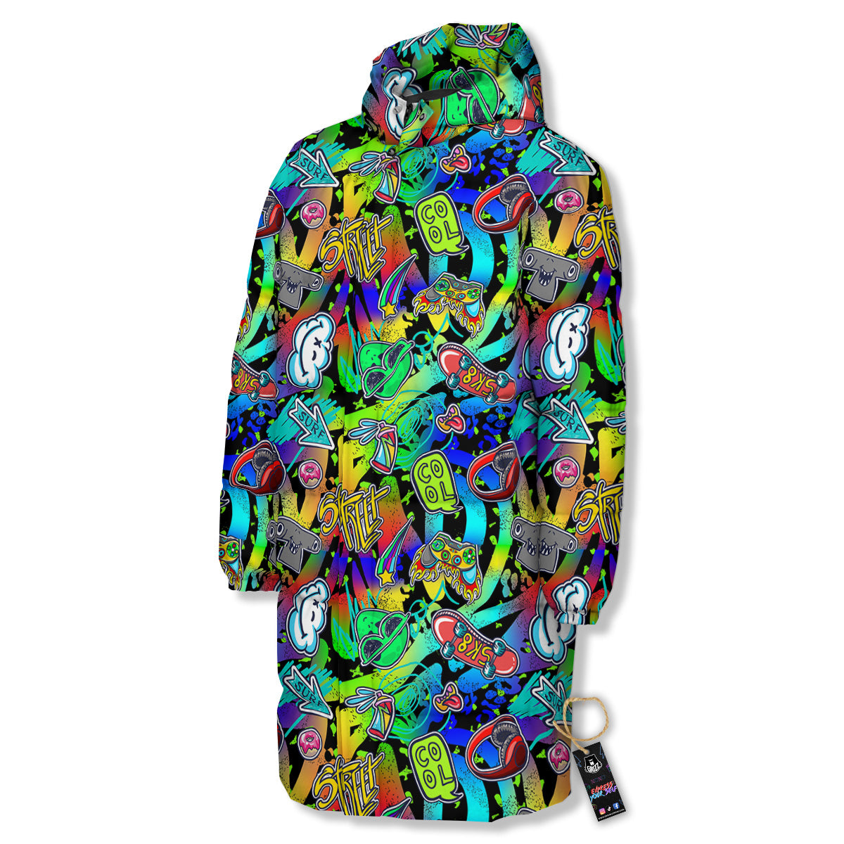Abstract Alien Graffiti Text Print Pattern Long Down Jacket-grizzshop