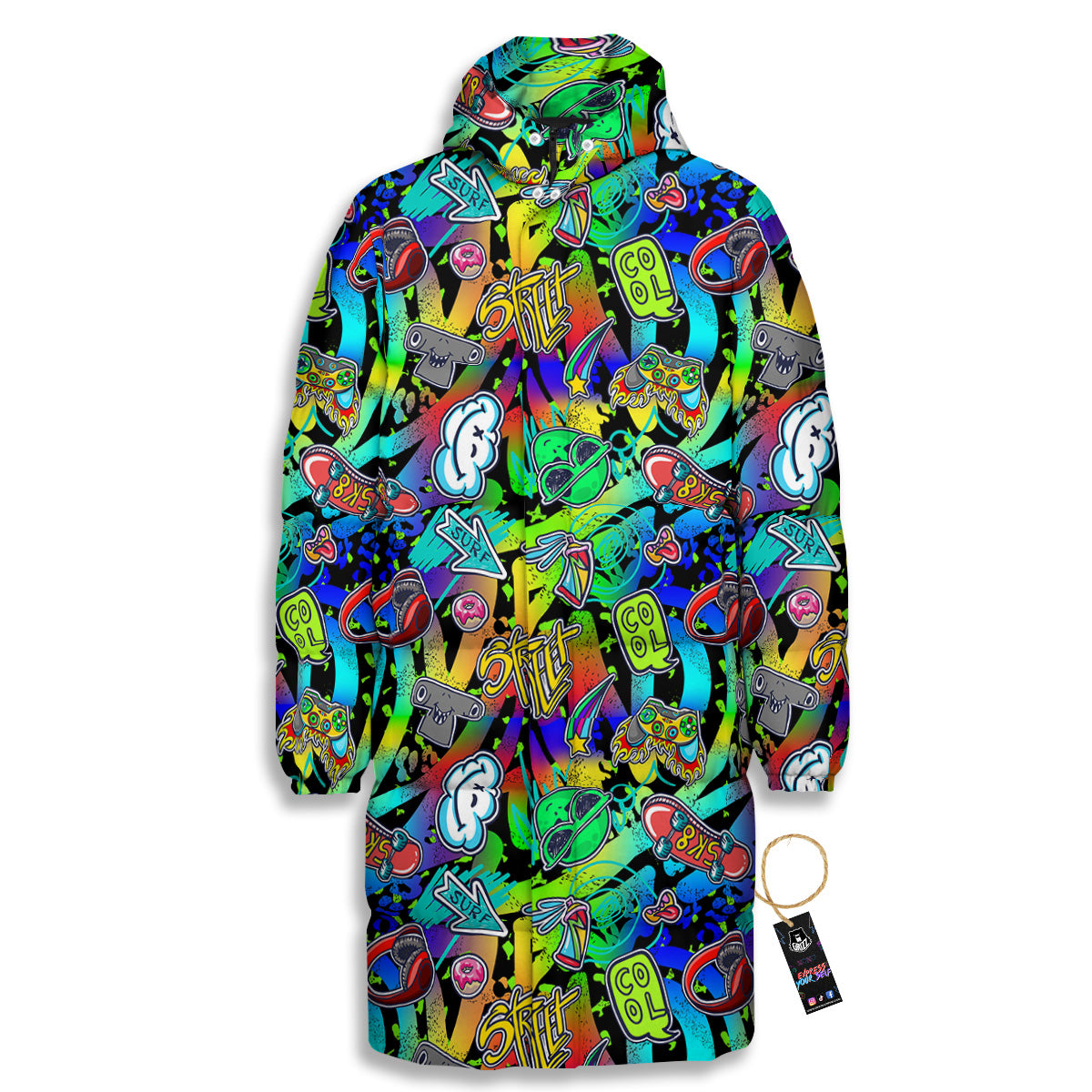 Abstract Alien Graffiti Text Print Pattern Long Down Jacket-grizzshop