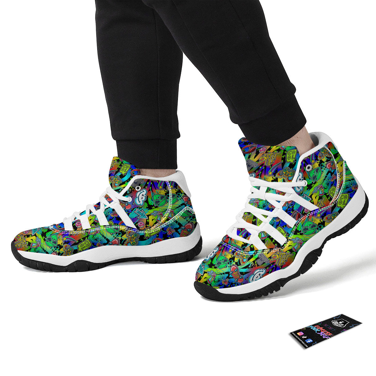 Abstract Alien Graffiti Text Print Pattern White Bball Shoes-grizzshop