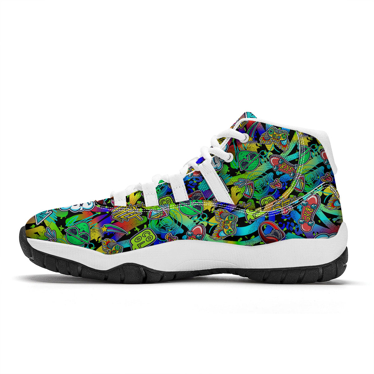 Abstract Alien Graffiti Text Print Pattern White Bball Shoes-grizzshop
