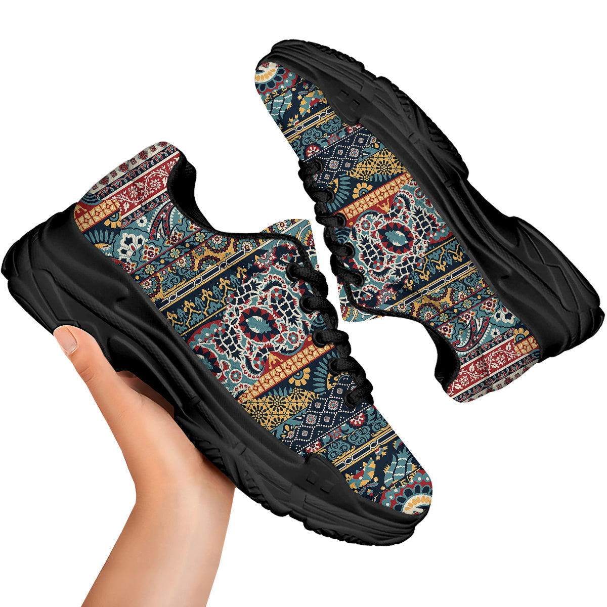Abstract Arabian Paisley Print Black Chunky Shoes-grizzshop