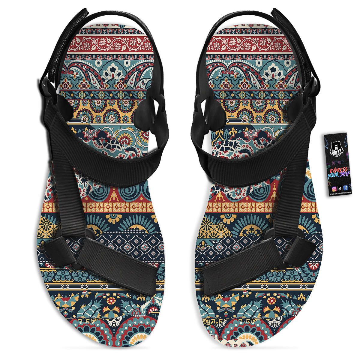 Abstract Arabian Paisley Print Black Open Toe Sandals-grizzshop