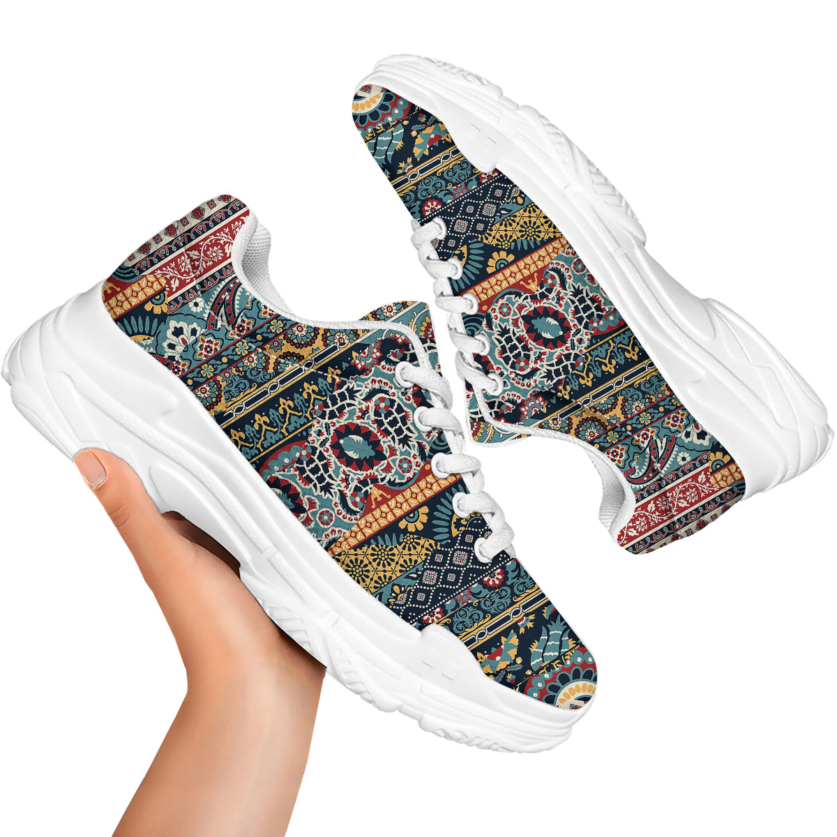 Abstract Arabian Paisley Print White Chunky Shoes-grizzshop