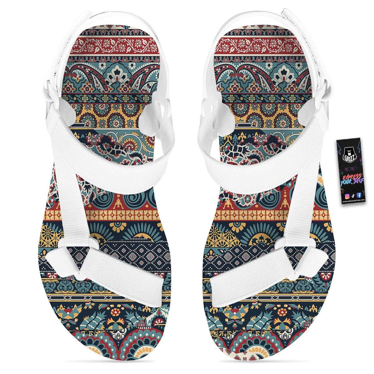 Abstract Arabian Paisley Print White Open Toe Sandals-grizzshop