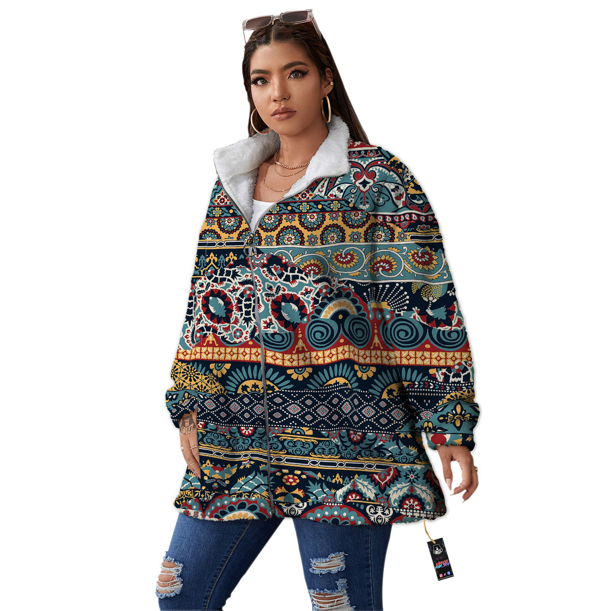 Abstract Arabian Paisley Print Women's Sherpa Jacket-grizzshop