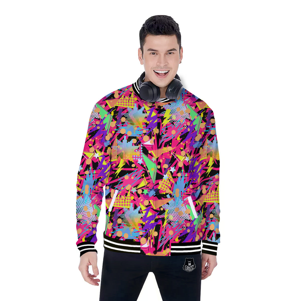 Abstract Colorful And Lightning Dot Print Pattern Baseball Jacket-grizzshop