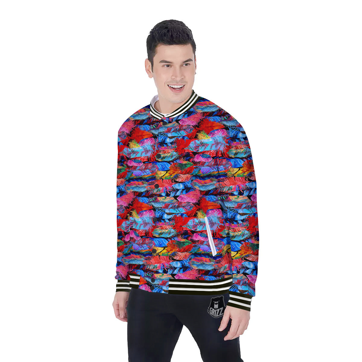 Abstract Feather Watercolor Boho Print Pattern Baseball Jacket-grizzshop